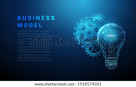 Abstract blue glowing light bulb and cog wheels. Business model and ai concept. Low poly style design. Geometric background. Wireframe light connection structure. Modern 3d graphic. Vector. Royalty-Free Stock Photo #1918574501