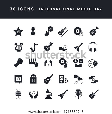 Collection of vector black and white icons of international music day in simple design for mobile concepts, web and applications. Set modern logos and pictograms.