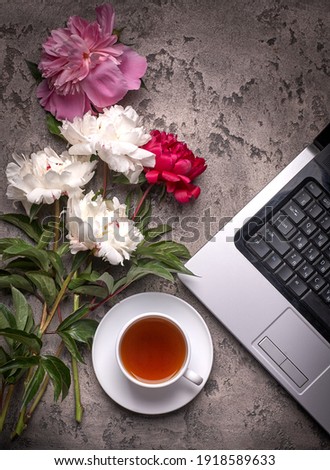 Coffe, peonies and laptop on grey vintage background