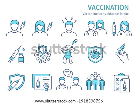Vaccine icons, such as syringe, coronavirus, covid 19 and more. Editable Stroke. Vector illustration. Royalty-Free Stock Photo #1918598756