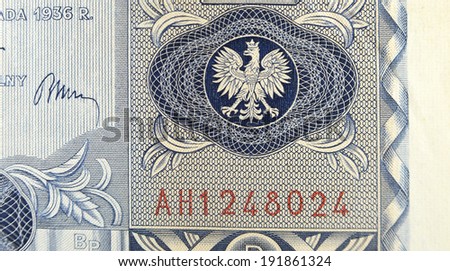 Vintage elements of old paper banknotes Poland 1936,  20 Zlotych