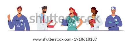 Doctor Characters in Medical Robe in Row. Hospital Healthcare Staff with Stethoscope, Medic Box Notebook, Physician in Uniform, Nurse in Clinic. Medicine Profession. Cartoon People Vector Illustration Royalty-Free Stock Photo #1918618187