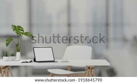 3D rendering, portable workspace with digital tablet, supplies and decorations in living room, 3D illustration