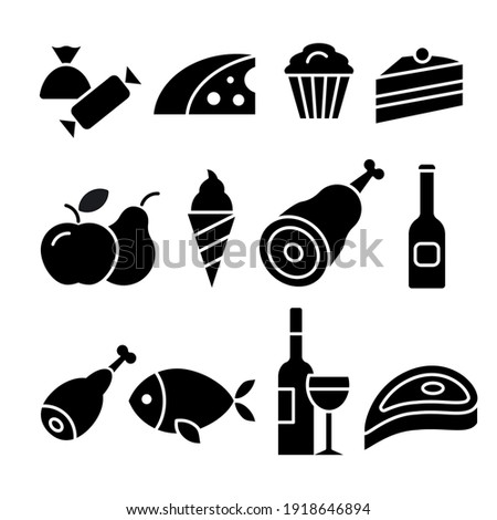 black and white illustration of a set food and grocery icons