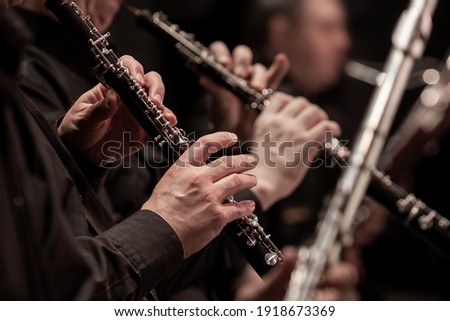Hands of a musician playing the oboe in an orchestra  Royalty-Free Stock Photo #1918673369