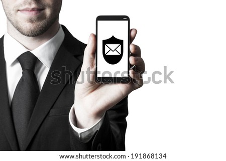 man in suite holding smartphone with security shield mail symbol