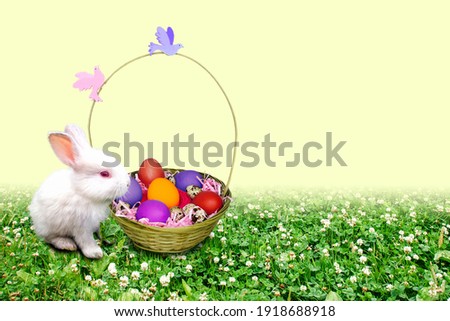 An Easter card with a rabbit, an Easter chicken and colored eggs in a basket on the green grass.