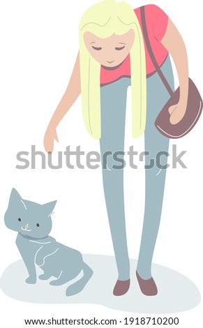 Young woman looking at a cat, want to take cake of it. 