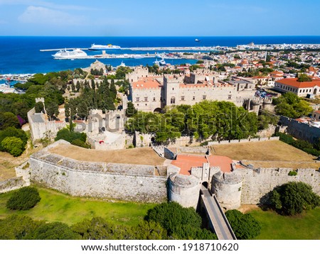 Rhodes old town aerial panoramic view in Rhodes island in Greece Royalty-Free Stock Photo #1918710620