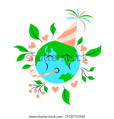 Happy Earth Day. Greeting card with cute cartoon character. Earth in a cap and a birthday pipe. Stock vector illustration. Isolated object on the white background.