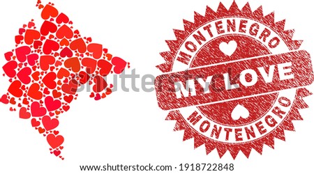 Vector mosaic Montenegro map of love heart items and grunge My Love stamp. Mosaic geographic Montenegro map constructed with valentine hearts.
