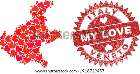 Vector collage Veneto region map of valentine heart elements and grunge My Love stamp. Collage geographic Veneto region map created with valentine hearts.