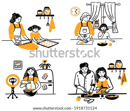 Vector set of happy family cooks in the kitchen. girl with boyfriend, mom with child, blogger hand-drawn style of vector doodle design illustrations. sketch. on an isolated white background