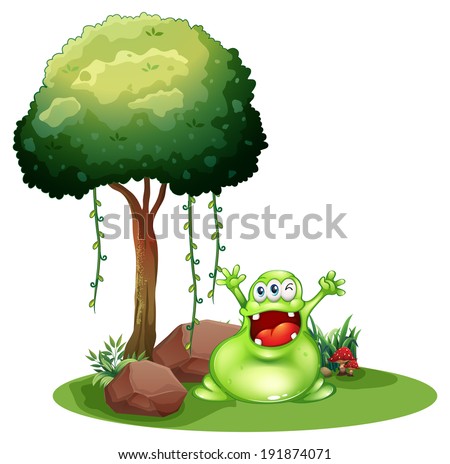 Illustration of a happy monster near the tree on a white background