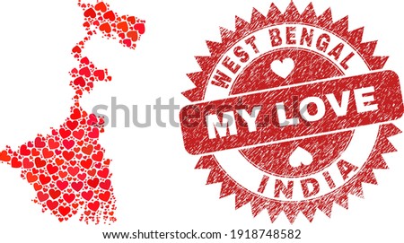 Vector mosaic West Bengal State map of love heart elements and grunge My Love stamp. Mosaic geographic West Bengal State map created with lovely hearts.