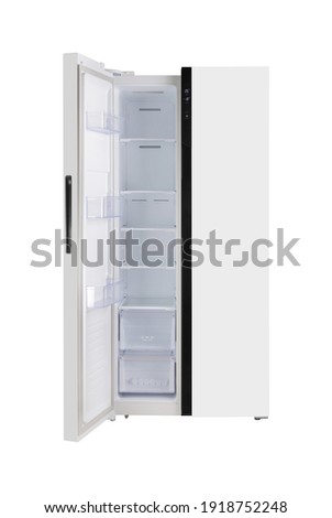 Major appliance - Front view white left open door two-door side by side refrigerator fridge on a white background. Isolated Royalty-Free Stock Photo #1918752248