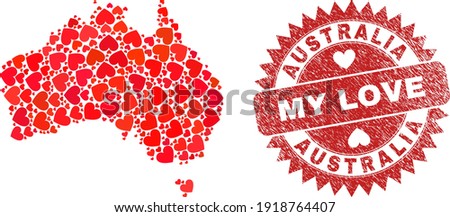 Vector mosaic Australia map of lovely heart elements and grunge My Love seal stamp. Mosaic geographic Australia map constructed with valentine hearts.