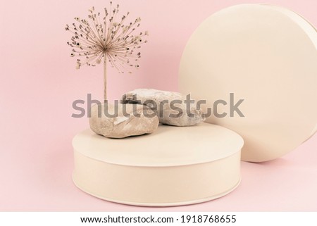 Podium, natural stones and dried flower on pink background. Product advertisement. Cosmetology and beauty concept. Eco trends. Copy space. 