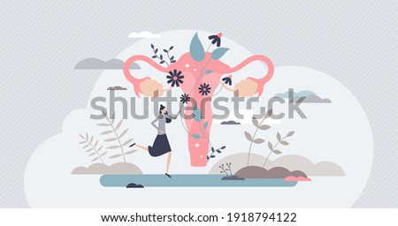 Fertility as medical reproduction healthcare and checkup tiny person concept. Woman gynecology organ health and wellness examination vector illustration. Decorative and abstract uterus visualization. Royalty-Free Stock Photo #1918794122