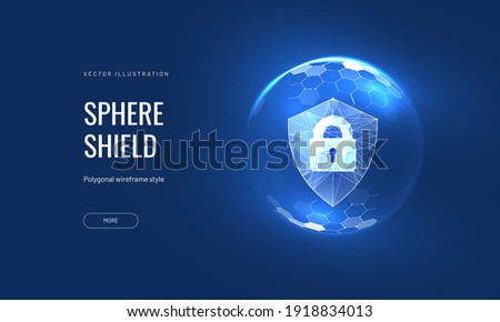 Cyber security, shield lock in futuristic polygonal style. Concept of internet privacy or cyber protection on the background of the world map. 3d vector illustration Royalty-Free Stock Photo #1918834013