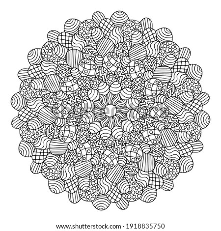 Happy Easter - eggs mandala coloring page for kids and adults stock vector illustration. Funny egg basket for traditional christian spring Easter festival. Colored ornamental eggs zen art black linear