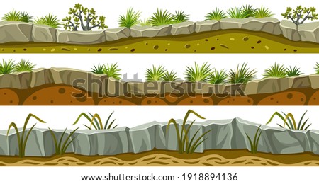 Set of seamless border old gray rock and grass. Vector stone sidewalks with soil and leaves for computer games isolated on white background.