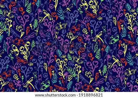 Floral seamless background pattern. Wild flowers and buterlies hand drawn, vector. Spring summer. Fabric swatch, textile design, wrapping 