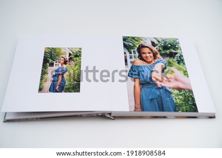 the pages of the photobook from photo shoots of a a beautiful happy woman in the garden. grainy paper texture. photo design in the album. Memory. Designer. white background 