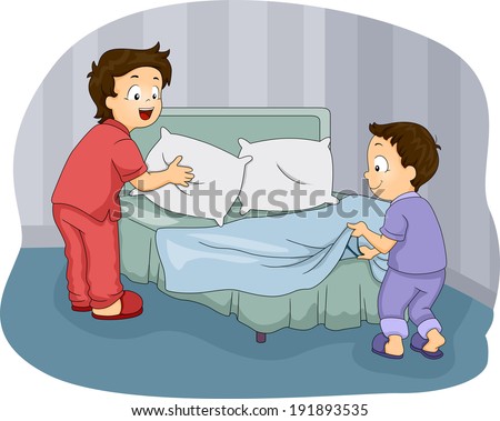Illustration of Two Little Boys Making Their Bed Royalty-Free Stock Photo #191893535