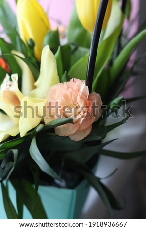 bouquet of beautiful fresh colorful festive
flowers of pink carnations and yellow tulips close-up. for business cards, signs, splash screens, labels, banners, flower shops