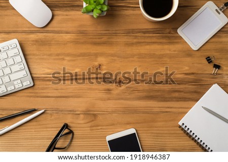 Workplace concept. Top above overhead close up view photo image of office stuff isolated light brown backdrop with copy space