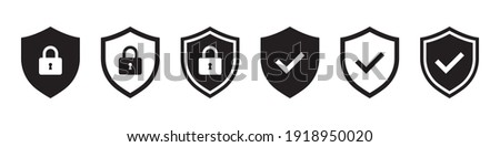 Set of security shield icons, security shields logotypes with check mark and padlock. Security shield symbols. Vector illustration. Royalty-Free Stock Photo #1918950020