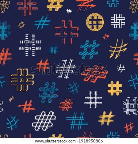 Doodle Hashtag Icons Colorful Seamless Pattern. Repeat Multicolor Background with Hand Drawn Hash Tag Symbols. Social Media Signs. Vector illustration
