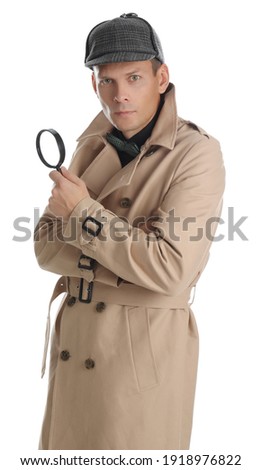 Male detective with magnifying glass on white background Royalty-Free Stock Photo #1918976822