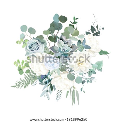 Silver sage green, mint, blue, white flowers vector design spring bouquet. Peony, rose, beige dahlia, succulent, eucalyptus, greenery. Wedding floral garland. Pastel watercolor. Isolated and editable