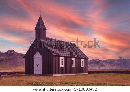 Black church of Budir (Búðakirkja in icelandic) is located on the southern side of the Snaefellsness peninsula in Iceland. Picture taken at sunset