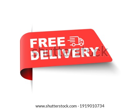 Vector free delivery business sale label tag with truck and text. Free delivery banner ribbon template
