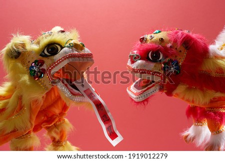 Two traditional dancing lion playing -Chinese new year decoration with text translated ushering in wealth and prosperity