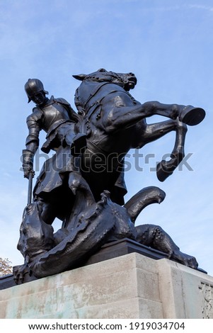 St George and the dragon first world war memorial statue unveiled in 1923 in St John's Wood Road London England UK which is a popular travel destination tourist attraction landmark of the city