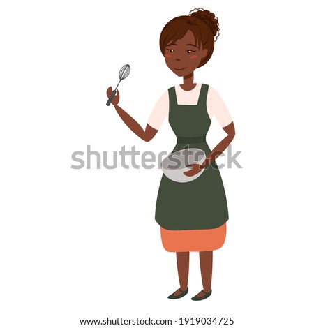 Young African American woman preparing food. Hand drawn, vector cartoon illustration of a chef, apron and restaurant chef uniform, workers profession, vector character, chef brings food