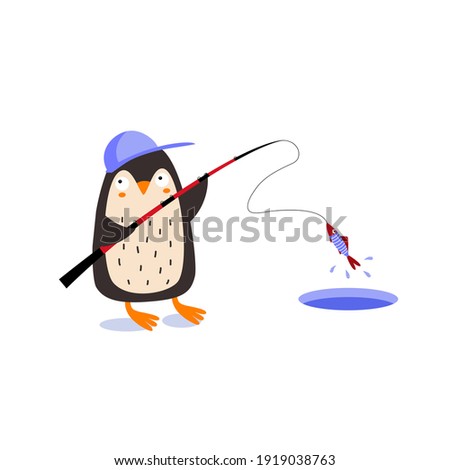Cute penguin cought fish, ice fishing. Funny fishman in blue cap, cartoon character. Flat design, vector illustration isolated on white 