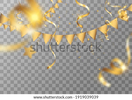 Golden confetti falls on a beautiful background. Falling streamers on stage.