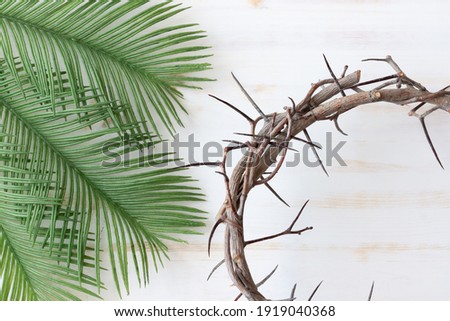 wood crown of thorns and palm leaves Royalty-Free Stock Photo #1919040368