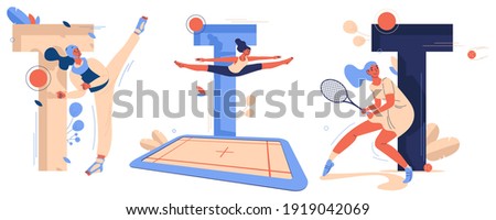 Sport letters T collection with woman training. Tennis player, trampoline jumper, taekwondo fighter isolated on white background. Healthy lifestyle and active life attitude Royalty-Free Stock Photo #1919042069
