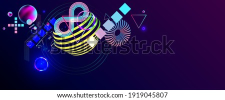 Dark retro futuristic art neon abstraction background cosmos new art 3d starry sky glowing galaxy and planets blue circles	