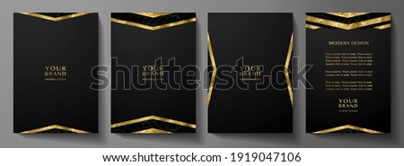 Modern black cover design set with gold geometric lines (triangle). Luxury creative premium pattern backdrop. Formal vector background template for business brochure, certificate, diploma, invite Royalty-Free Stock Photo #1919047106