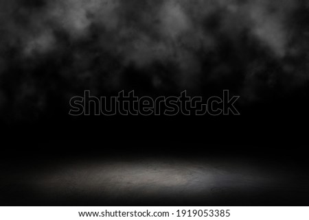 Dark room cement, concrete floor with smoke. black wall cement for product show with Elegant light background and texture. Abstract studio black room gradient background.