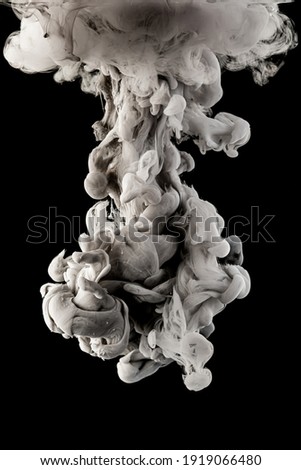Ink dropped into the water and photographed while in motion. Paint swirling in water. Grey  and white cloud and smoke of paint in water isolated on black background.