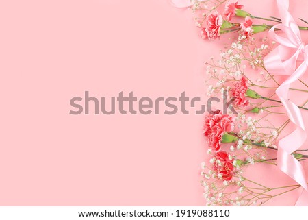 Abstract floral composition, spring background. Carnations on pink background, minimal holiday concept. Postcard for womens day or mothers day, happy birthday, wedding, banner for the screen,