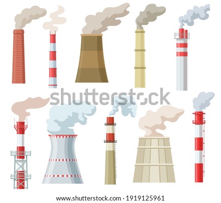 Colorful industrial chimneys with smoke flat set for web design. Cartoon pipes with steam of power energy plant isolated vector illustration collection. Industry factory and pollution concept Royalty-Free Stock Photo #1919125961